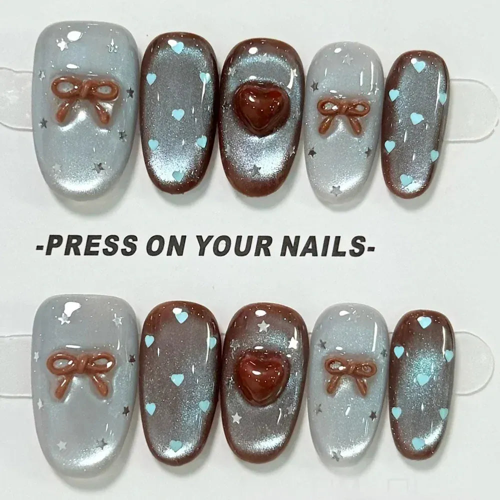 10pcs Medium Oval Handmade Nails Autumn/Winter Blue-Brown Cat Eye Press on Nail for Women&Girl Heart Bow Removable Wearable Nail