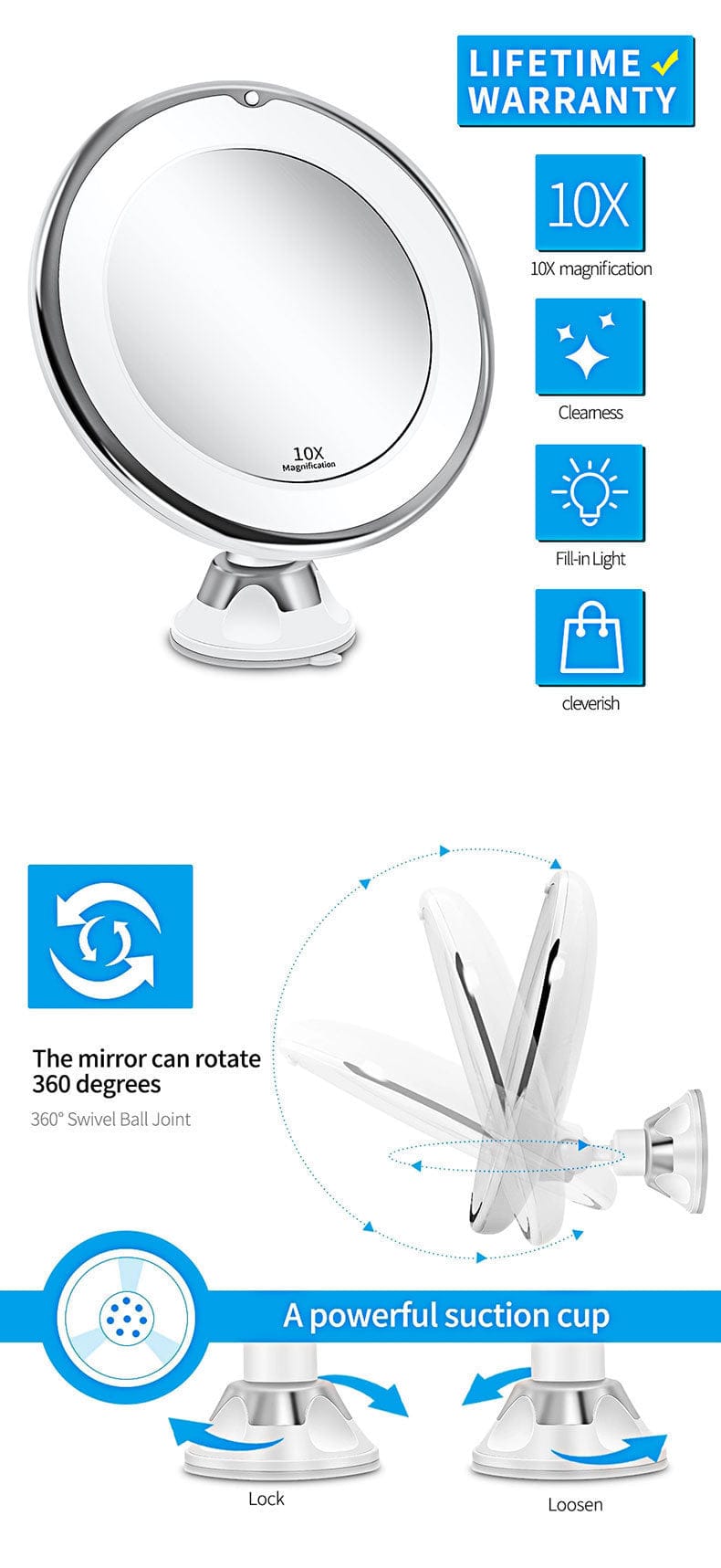 10x Magnifying Vanity Mirror with Lights Touch Screen LED Lighting