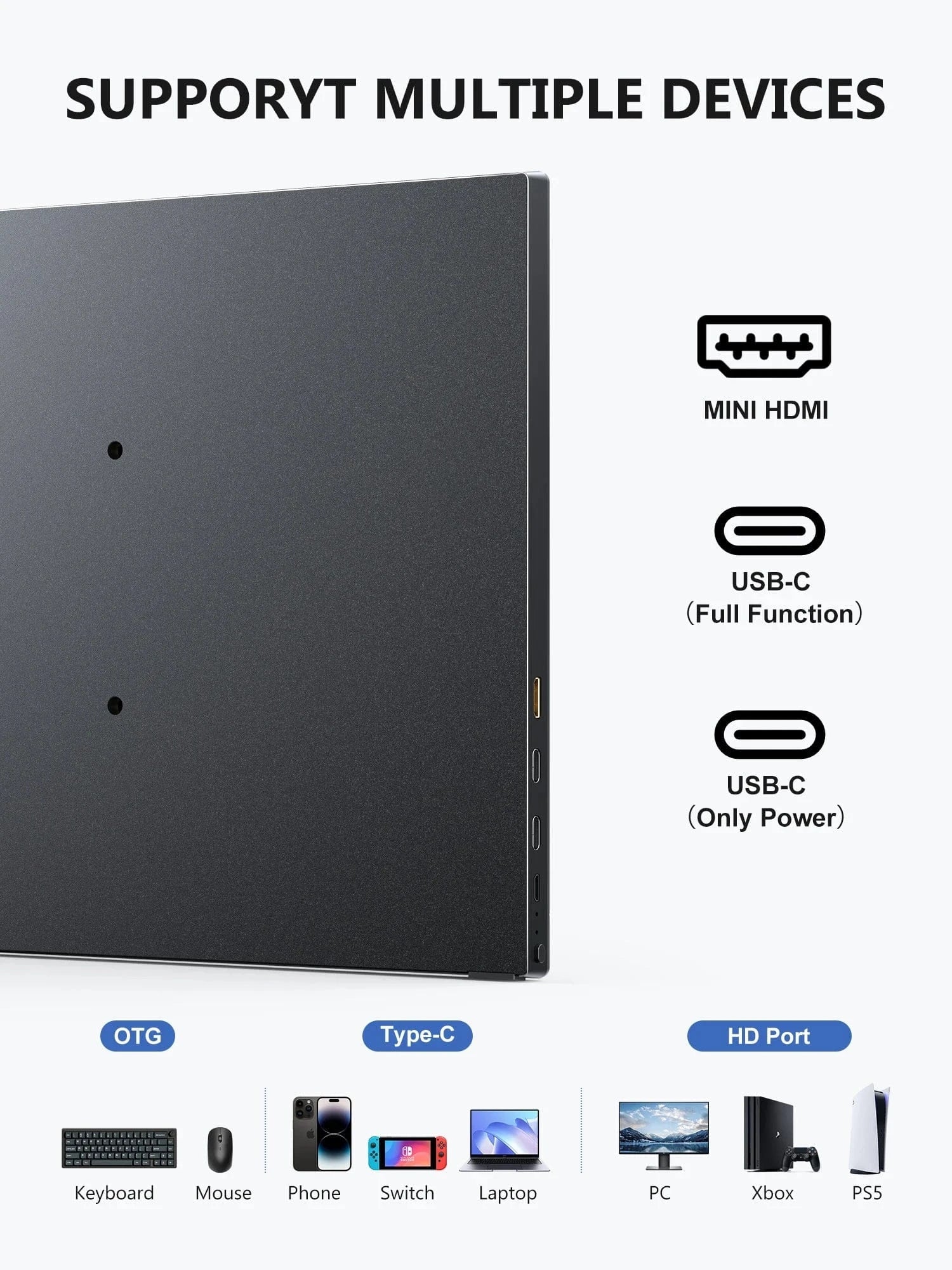 Amoudo 15.6 Inch Portable Monitor 1920x1080P  Extend Display IPS LCD Panel Penhole Stand VESA USBC Mini HDMI Mobile Display