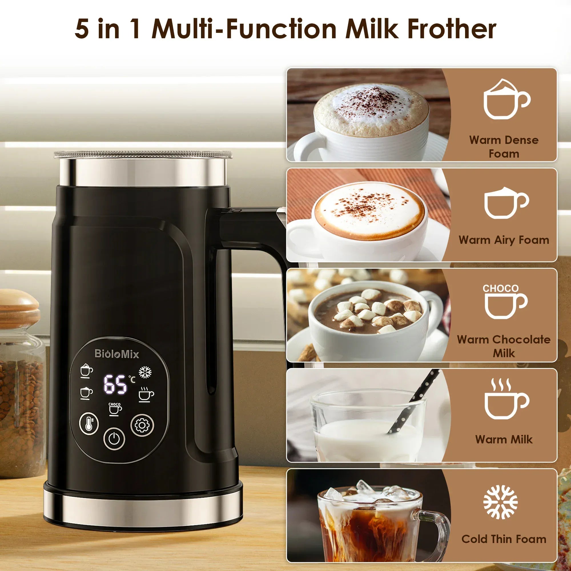BioloMix 5-in-1 Milk Frother with Upgraded LED Display Touch Screen - Hot And Cold Foam Maker Milk Warmer for Coffee Latte
